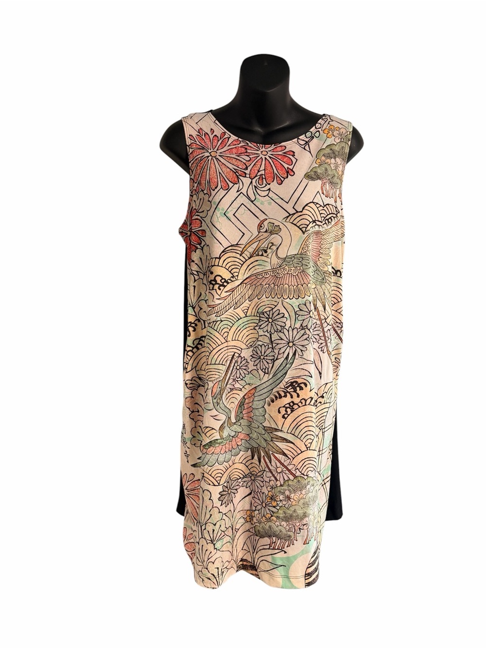 Nally&Millie Sleeveless Boho Floral & Crane Print Shift Dress NWT Large